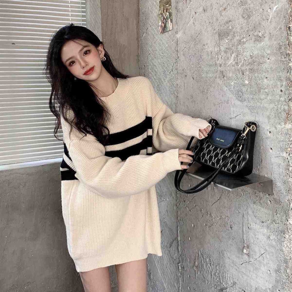 HUANG YOYO Áo croptop Áo len nữ dài tay cổ tròn sọc ngang thời trang Hàn