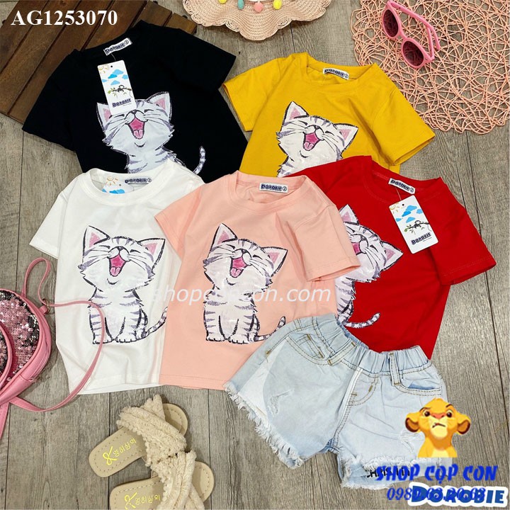 Áo thun hình mèo cho bé gái từ 22kg dến 32kg