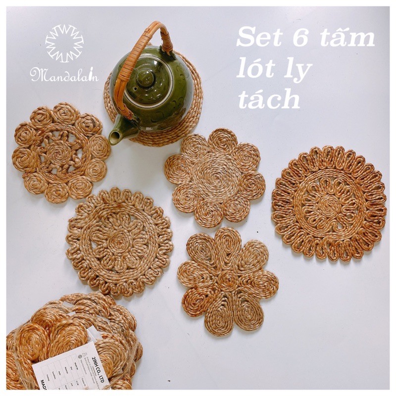 Set 6 Tấm lót ly tách chén dĩa bình hoa JUTE COASTER 15-18cm nhập khẩu Ấn Độ