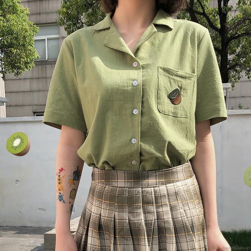 Áo sơ mi kiểu cổ bẻ ngắn tay thêu họa tiết trái cây cho nữ | BigBuy360 - bigbuy360.vn