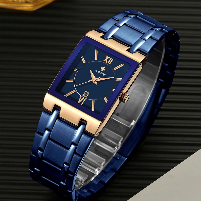 Đồng Hồ Quartz WWOOR Relojes Hombre Mặt Vuông Chất Liệu Thép Không Gỉ Chống Thấm Nước 8858