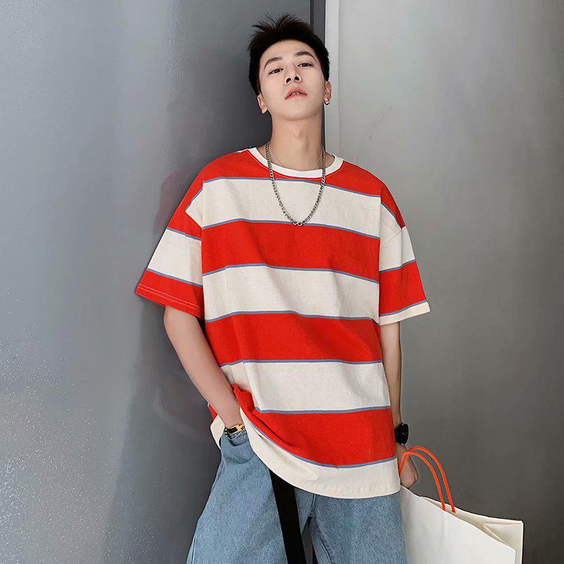 Áo thun tay ngắn họa tiết sọc ngang phong cách hiphop có 4 màu tùy chọn size M-8XL