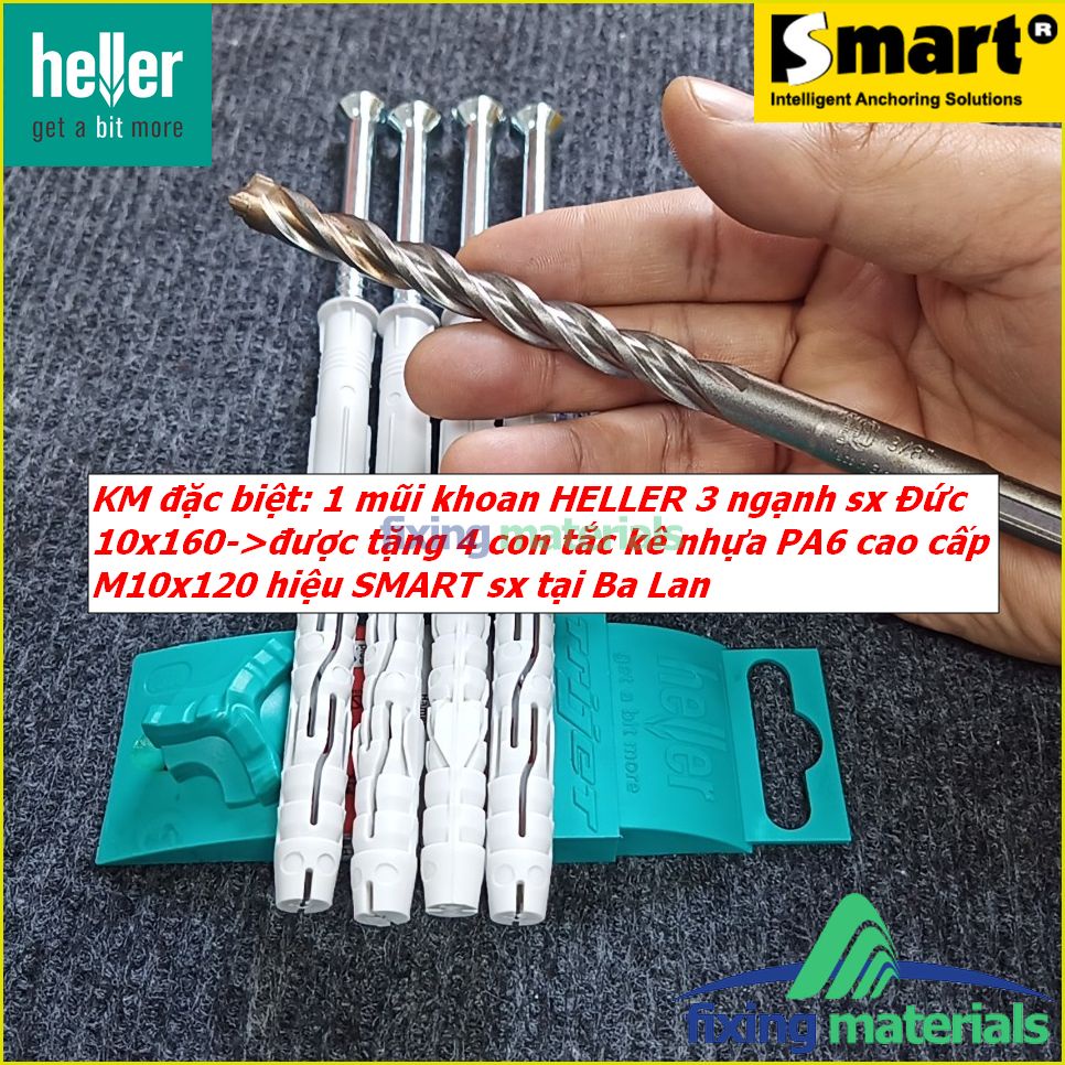 KM đặc biệt: Mũi khoan HELLER 3 ngạnh 10x160 tặng 4 con tắc kê cao cấp M10x120 kèm vít hiệu SMART, nhập khẩu EU