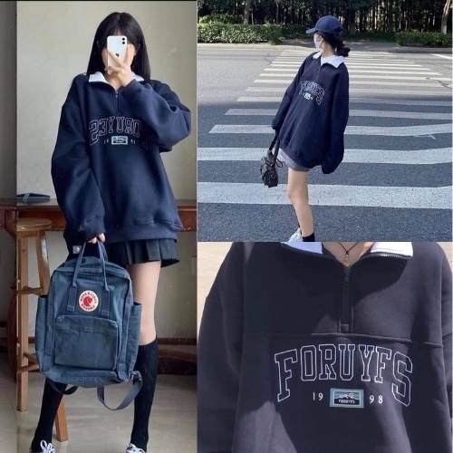 Áo sweater nữ  Áo nỉ nữ tay dài form rộng cổ sơ mi khóa kéo đi học đi chơi HOLA