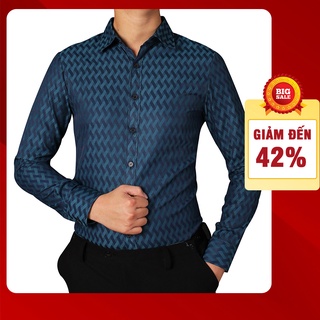 Áo sơ mi kẻ sọc chéo Nam xanh đậm theo phong cách sơ mi dài tay công sở Hàn Quốc lịch lãm