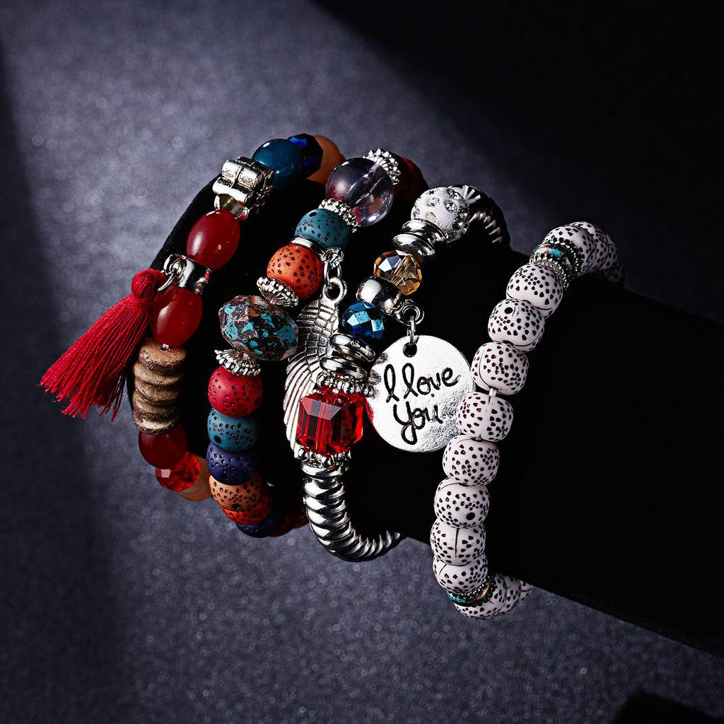 Set 4 vòng tay chuỗi hạt RINHOO FRIENDSHIP co giãn phối mặt khắc chữ I love you thời trang unisex