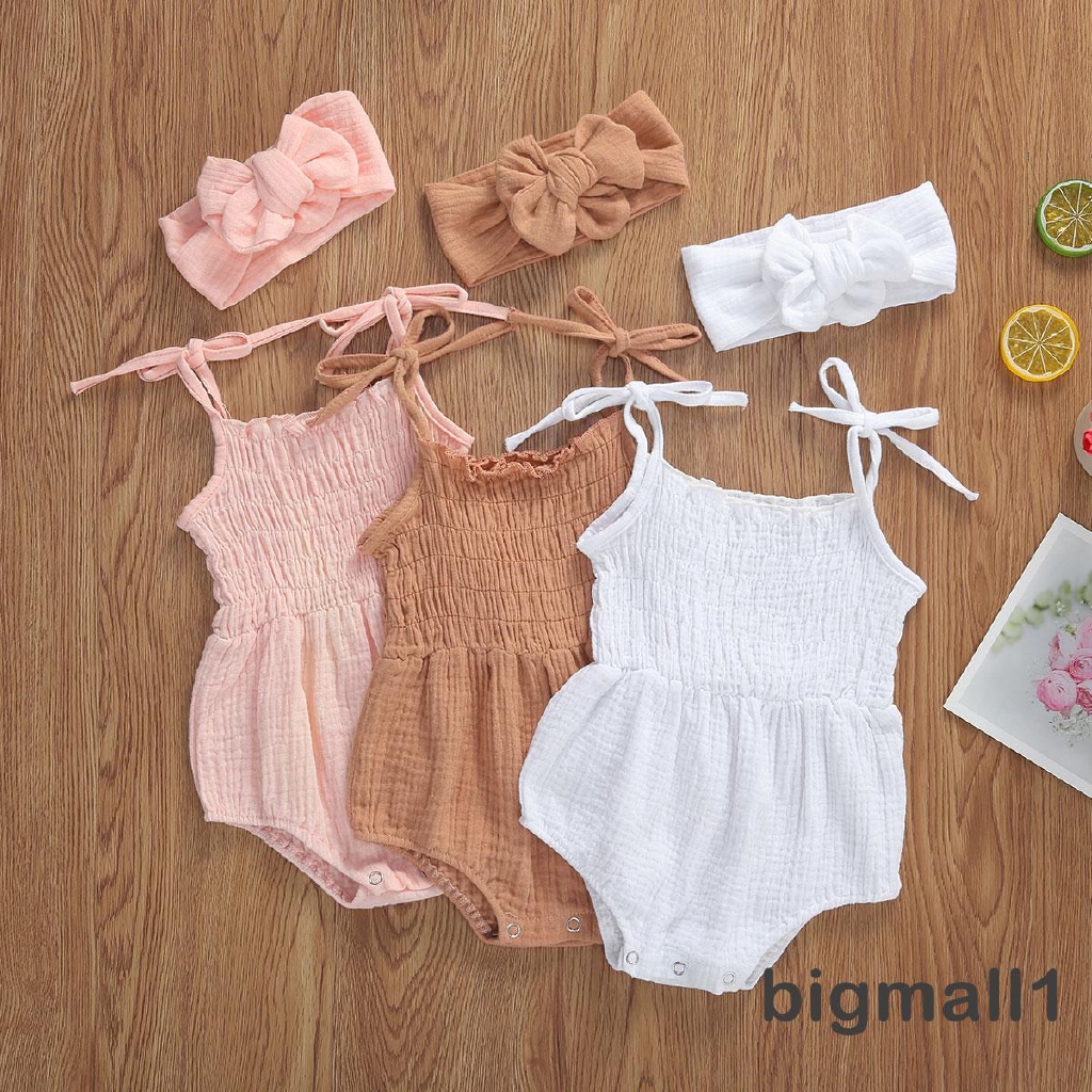 Áo liền quần không tay màu trơn vải cotton lanh thiết kế nếp gấp kèm băng đô thời trang cho bé gái 0-18 tháng