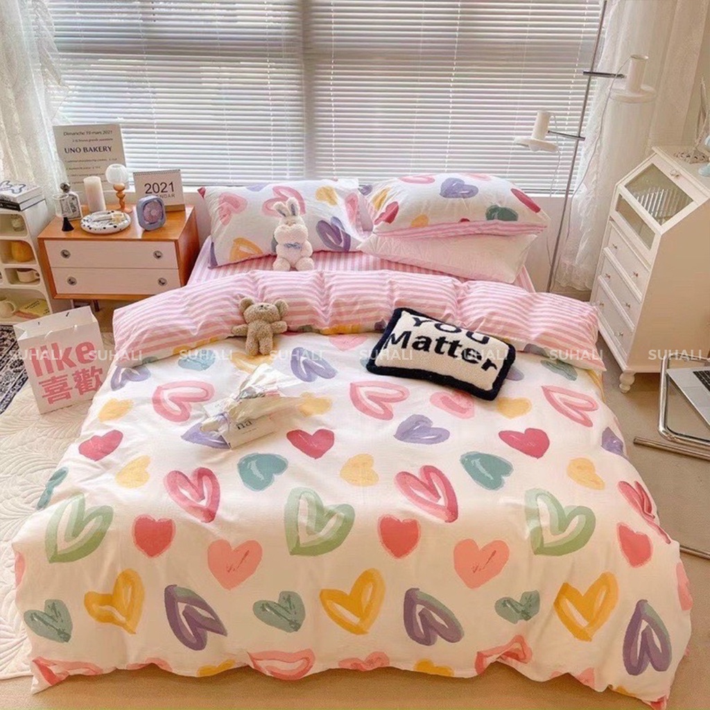 Bộ chăn ga giường cotton poly SUHALI tim nhí gồm vỏ chăn mền, drap nệm và 2 vỏ gối