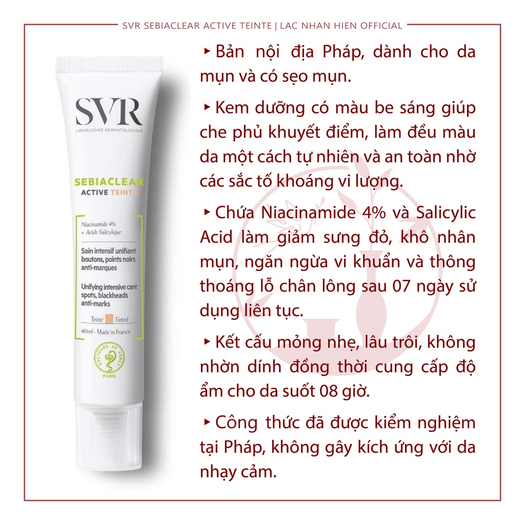 KEM NGỪA MỤN CHE KHUYẾT ĐIỂM SVR SEBIACLEAR ACTIVE TEINTE CHO DA NHẠY CẢM