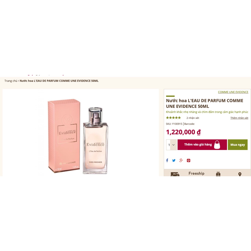 Nước hoa  L'EAU DE PARFUM COMME UNE EVIDENCE 50ML hoặc 100ml chính hãng Yves Rocher auth Pháp fullbox date xa sale