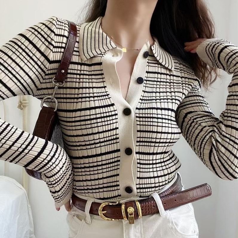 Áo kiểu SUXI dệt kim cổ polo dáng ôm màu tương phản phong cách cổ điển thời trang