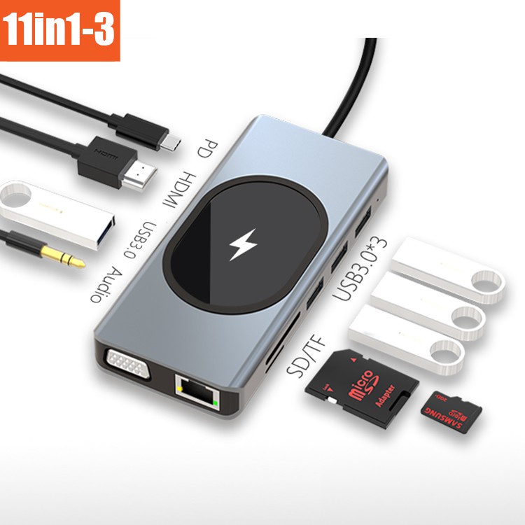 Trạm Sạc Không Dây 11 Trong 1 Chuyển Đổi USB C Sang HDMI 4K VGA 1080P RJ45 USB3.0 3.5mm PD Cho Laptop / Điện Thoại / Máy Tính Bảng