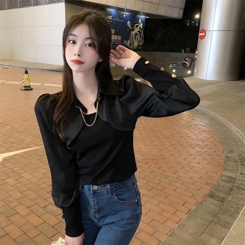 Áo Sơ Mi Giả Hai Lớp Tay Dài Kèm Khăn Choàng Màu Sắc Độc Đáo Dành Cho Nữ