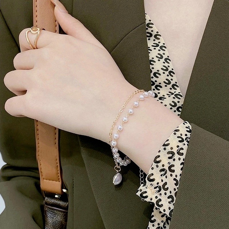 Vòng Tay Hai Lớp Đính Ngọc Trai Nhân Tạo Thời Trang Cho Nữ