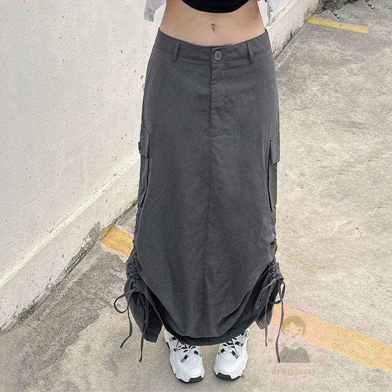 Chân Váy Dài Dáng Rộng Màu Sắc Đơn Giản Phối Dây Rút Tùy Chỉnh Thời Trang Cho Nữ