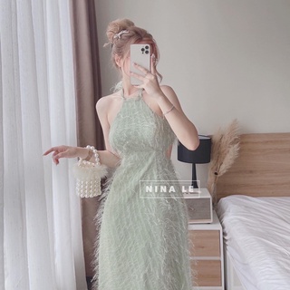 Đầm yếm dáng dài lông vũ