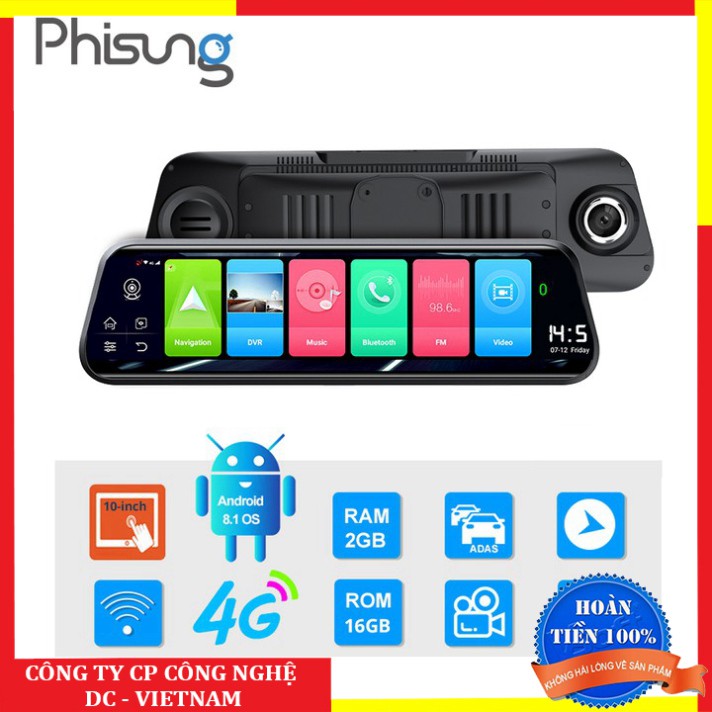 Sản phẩm  Camera hành trình gắn gương ô tô thương hiệu cao cấp Phisung 4G, Wifi, 10 inch, dẫn đường Navitel, Google map 