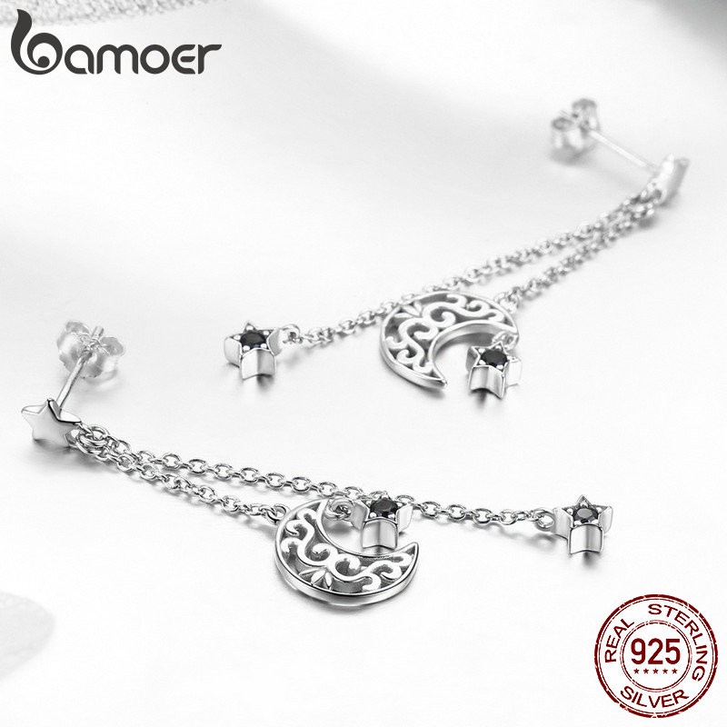 Khuyên tai Bamoer bạc 925 hình mặt trăng đính đá CZ xinh xắn