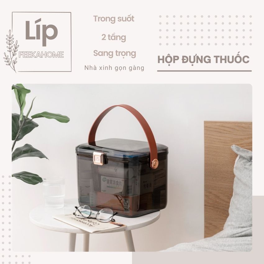 Hộp y tế gia đình trong suốt FEEKA cao cấp, hộp thuốc gia đình 2 ngăn - cho bé - đựng quần áo - đồ picnic
