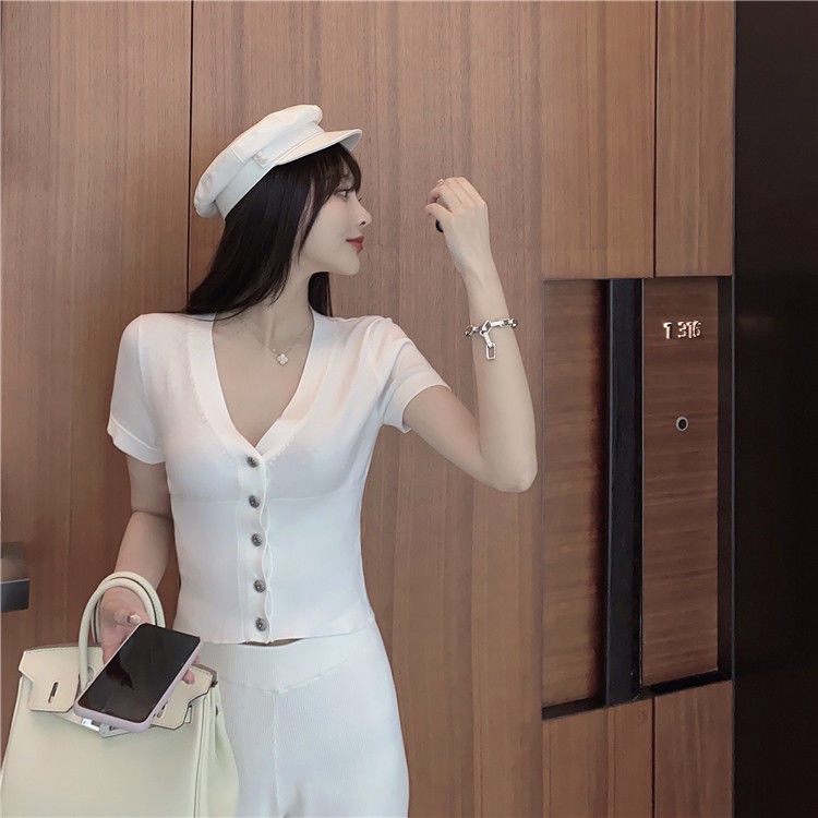 Áo thun dệt kim tay ngắn cổ chữ V dáng ôm thiết kế mới thời trang mùa hè dành cho nữ