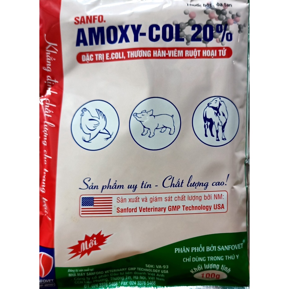 Sanfo. AMOXY - COL 20% Đăc. Tri. Ecoli, thương hàn...  Thành phần Amox 20% và Colis 60 triệu