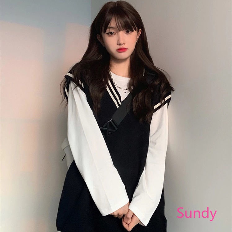 Set Áo Thun Tay Dài Và Áo Len Không Tay Cổ Chữ V Form Rộng Thời Trang Xuân Thu Cho Nữ Sinh