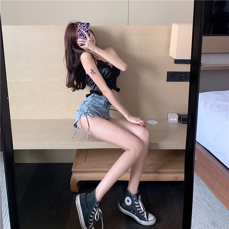 DUNEA Women's Chic Bow Tie Straps Were Thin A-line High Waist Denim Shorts