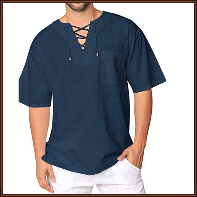 Áo Thun Tay Ngắn Vải Cotton Lanh Màu Trơn Cột Dây Thời Trang Cho Nam