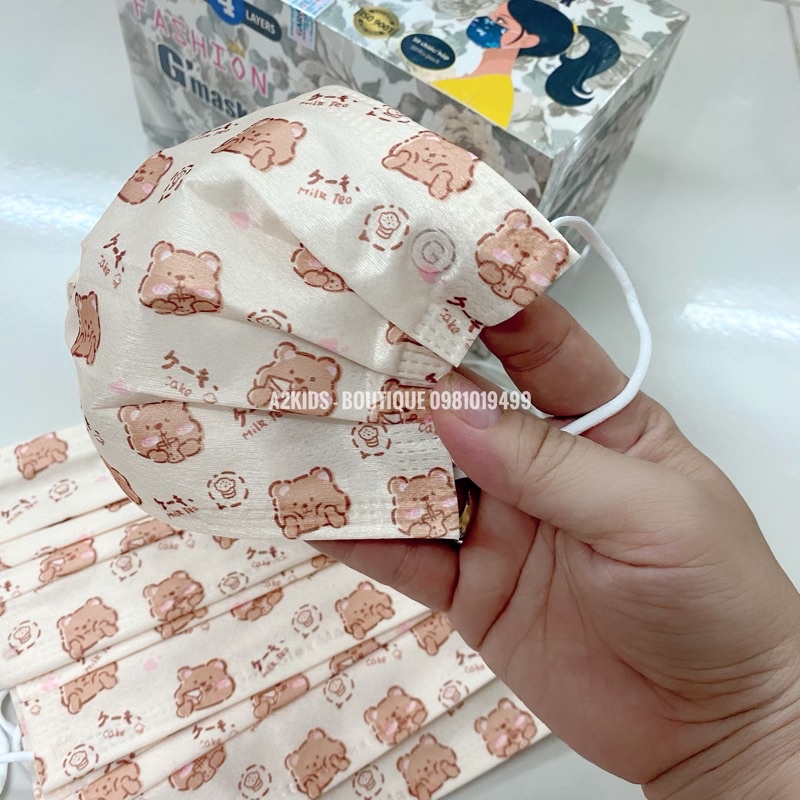 Khẩu Trang Cao Cấp 4 Lớp Họa Tiết Gấu Trà Sữa