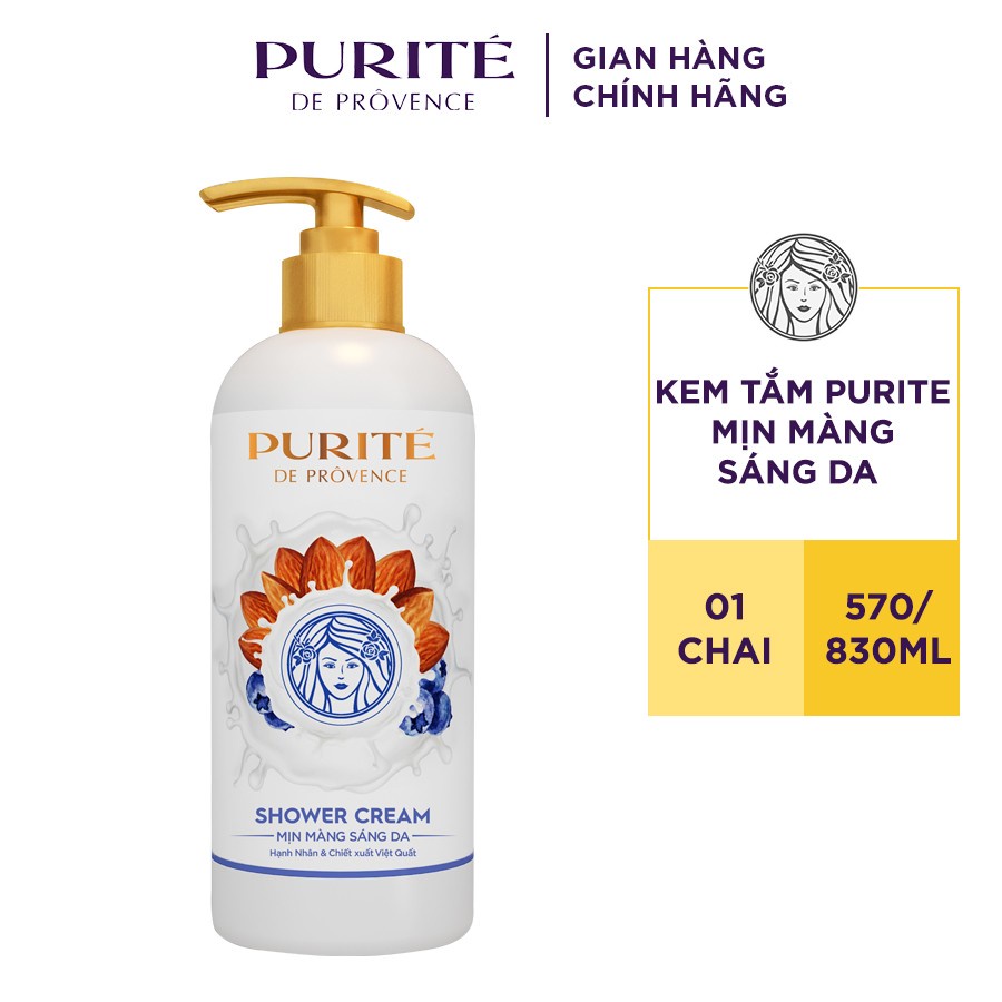 Kem Tắm Purite Dưỡng Da Mịn Màng Sáng Da Từ Hạnh Nhân & Chiết Xuất Việt Quất 570ml/830ml