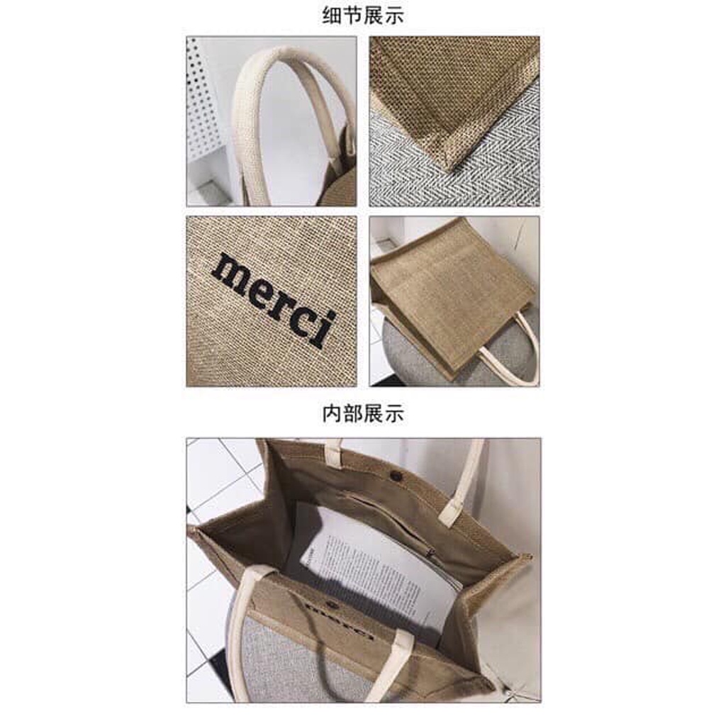 Túi cói Merci đi du lịch loại 1 túi to,lót dày dặn, ko bán hàng loại 2 nhe, có bọc nâu bên ngoài TBB23