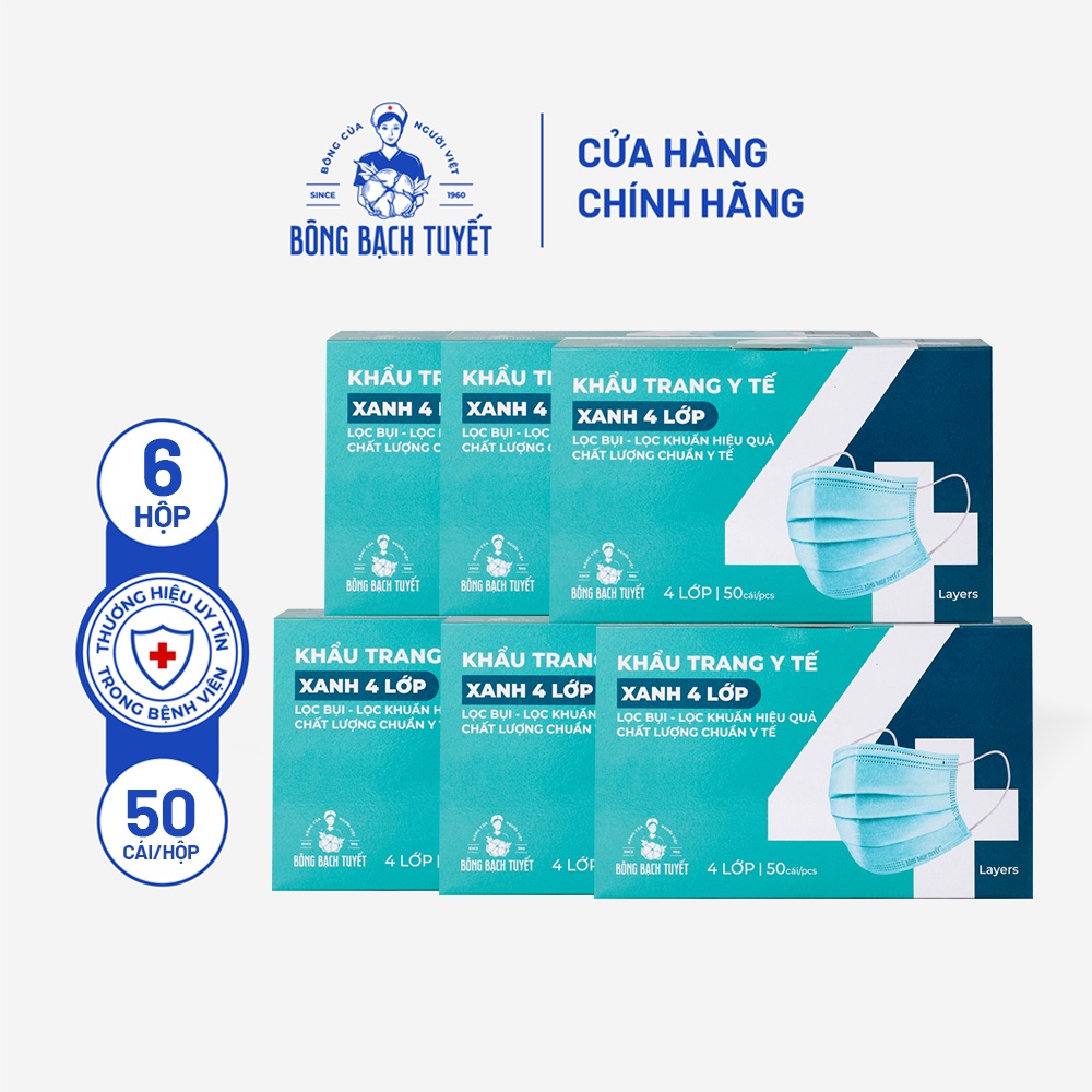 Combo 6 Hộp Khẩu trang Bông Bạch Tuyết 4 lớp xanh (50 cái/hộp)
