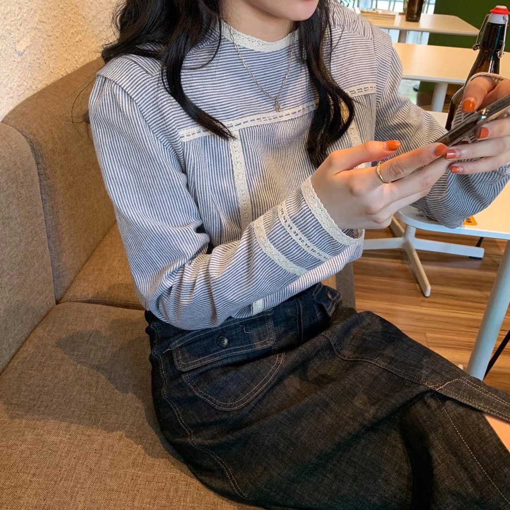 Sơ mi cổ tròn sọc viền ren Misumey mặc 2 kiểu Ulzzang styleHàng Quảng Châu
