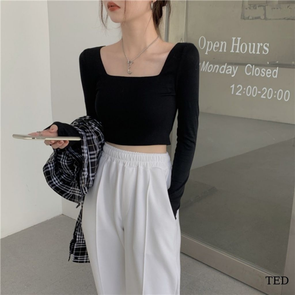 Áo Croptop Tay Dài Cổ Vuông Màu Trơn Co Giãn Phong Cách Hàn Quốc 3 Màu Tùy Chọn TED003