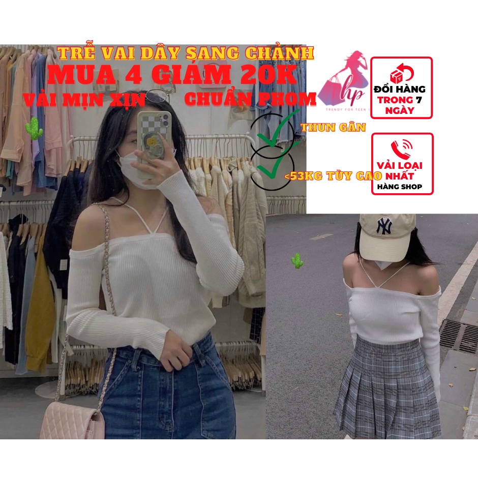 áo 2 dây nữ kiểu bẹt trễ vai tay dài  vải thun gân màu trắng đen mịn xịn sang chảnh phong cách hàn quốc