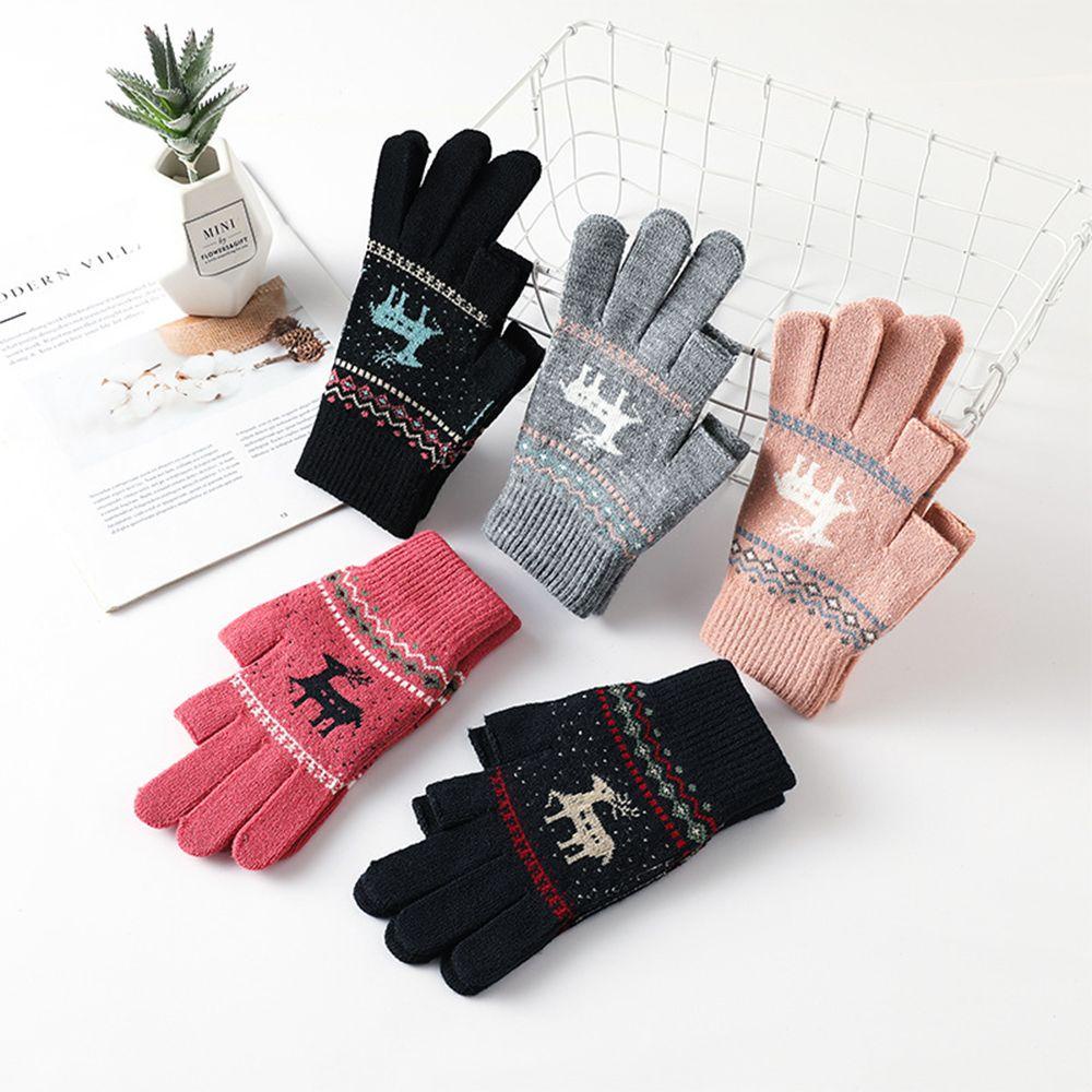 LET 1 Đôi Găng Tay Len Hở Ngón Chạm Cảm Ứng Màn Hình Họa Tiết Hươu Hoạt