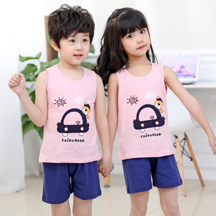 Bộ Áo Ba Lỗ + Quần Short Cotton In Họa Tiết Hoạt Hình Dễ Thương Thời Trang Mùa Hè Cho Bé 90-140cm