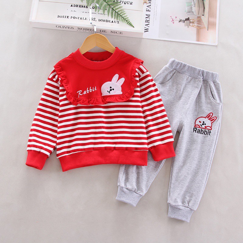 Set Áo Thun Tay Dài Sọc Cầu Vồng + Quần Dài Dành Cho Bé Gái