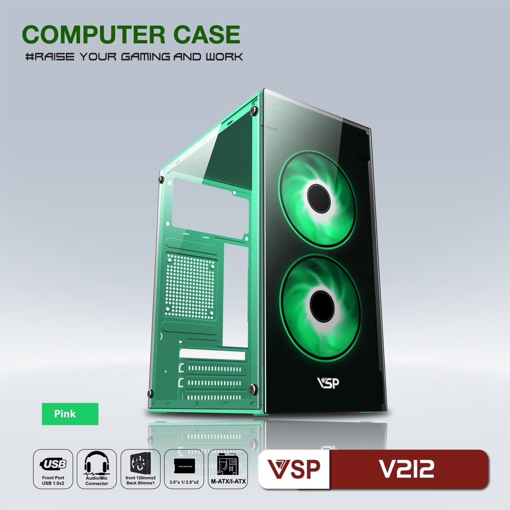 Vỏ Case máy tính Văn phòng/Gaming VSP V212 (Trắng/Hồng/Xanh/Đen) chưa bao gồm Fan Case
