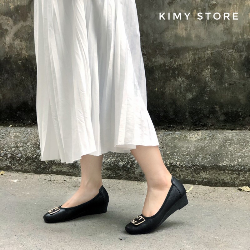 Giày đế xuồng nữ VNXK da thật, xuồng nữ da thật đế cao 3cm - Kimy Store