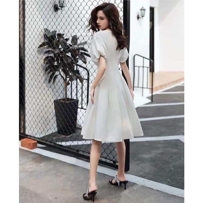Đầm tay phồng cổ chữ V tùng xếp ly vải cotton Elly- BT120