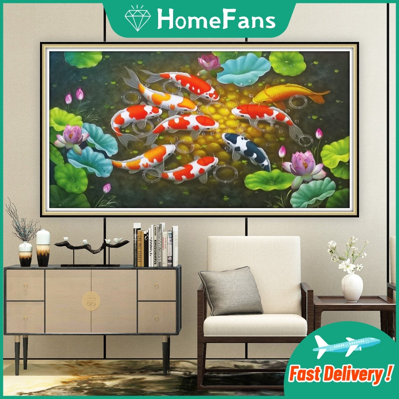 Bộ Tranh Đính Đá 5D Tự Làm Hình Cá Koi May Mắn 50x30cm / 70x40cm / 90x50cm