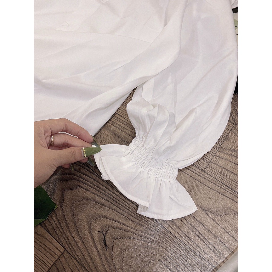 Áo Sơ Mi Nữ Form Rộng Lụa Hàn Quốc Tay Bo Màu Trắng