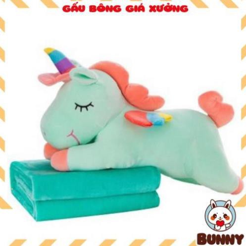 Gối Gấu bông ngựa Pony một sừng có kèm chăn 2in1 chất vải miniso siêu mềm mịn và bông PP an toàn -  𝐁𝐔𝐍𝐍𝐘