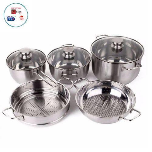 Bộ nồi inox và chảo chống dính 24cm inox 430 bếp từ 3 đáy FiveStar Standard, 6 món nắp kính.Tặng 1 vá canh inox
