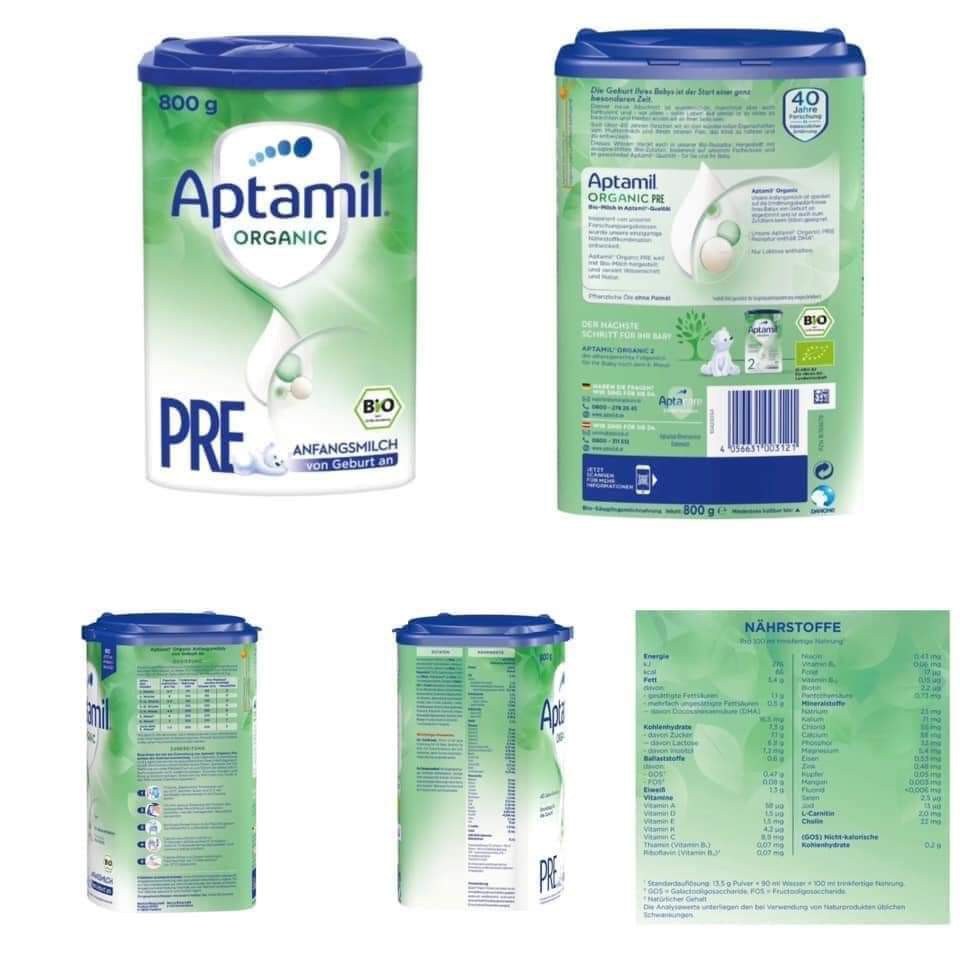 Sữa Aptamil Organic Đức, phát triển toàn diện cho bé, Hộp 800g, Số 1, 2, Pre