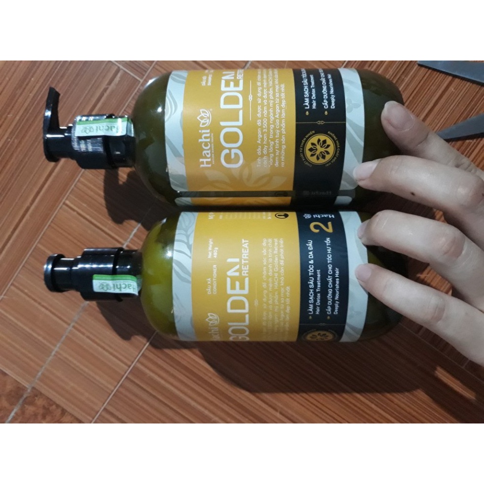 Combo dầu gội xả cao cấp argan HACHI VIETNAM Goldenretreat 500g vàng dành cho tóc hư tổn khô xơ