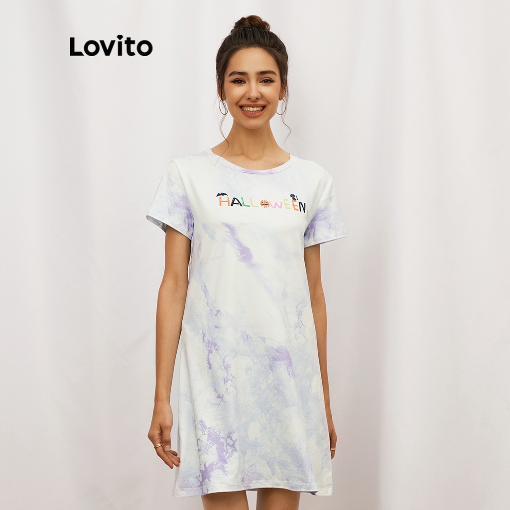 819 VN Delisted Đầm thun Lovito phong cách thường ngày in chữ nhuộm màu loang L19D247 (màu tím)