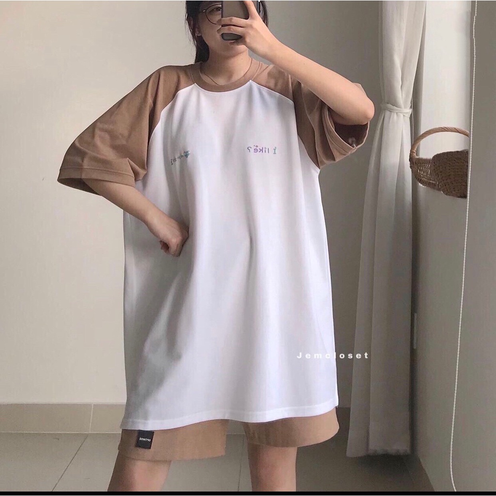 Set Quần Short ILIKE Áo Phông Unisex - Set Áo Raglan Xanh Nâu Cổ Tròn In Chữ Mix Quần đùi 2 màu