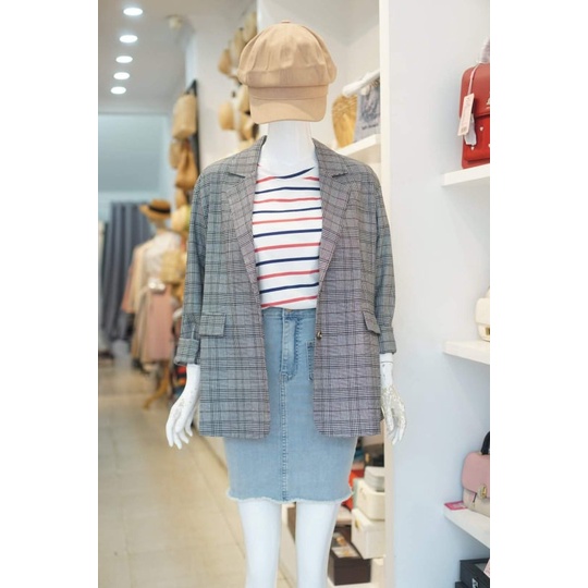 Áo Khoác Blazer Dáng Dài Caro Xám 076